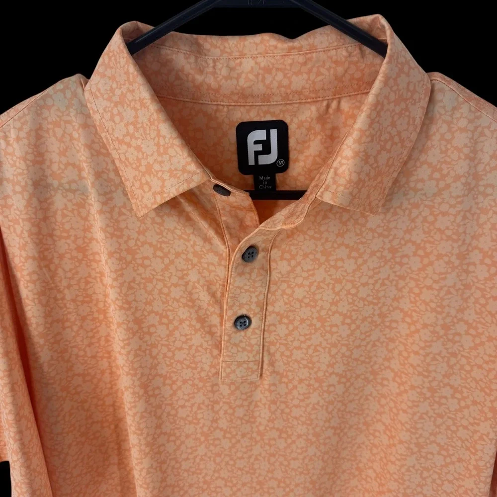 FootJoy‎ Mens Orange Floral Micro Print Performance Golf Polo Shirt Size Medium
